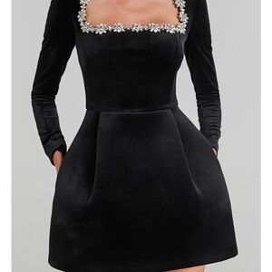 Elegant Black Velvet Dress with Floral Embellishments